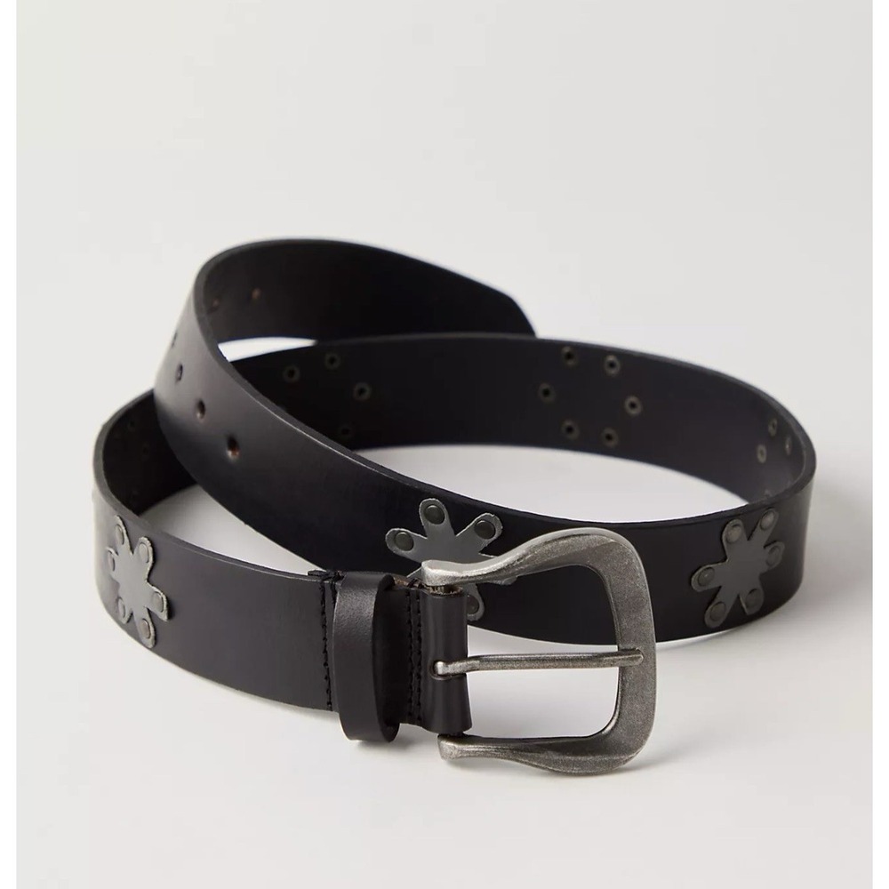 NWT Free People Sonny Studded Leather Belt Black Silver XL Flower Appliqués